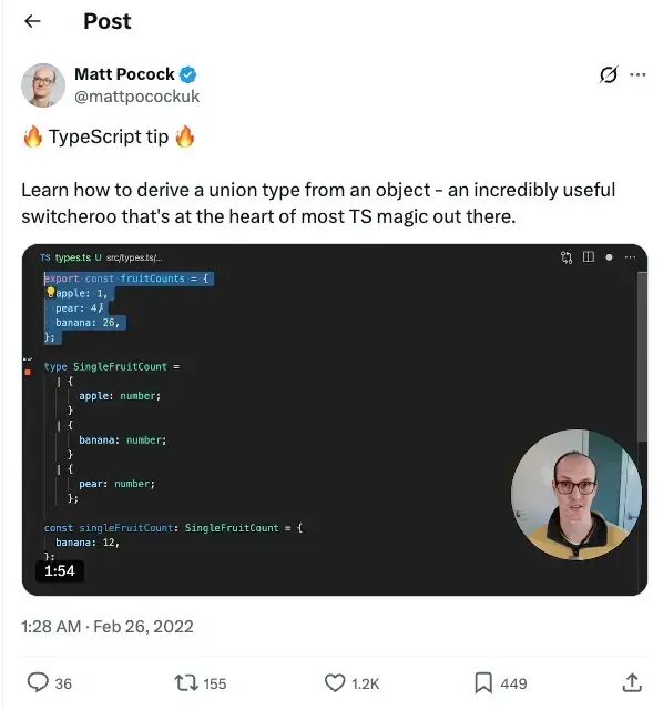 Matt 2022年开始录制 2 分钟的 TypeScript tip 视频