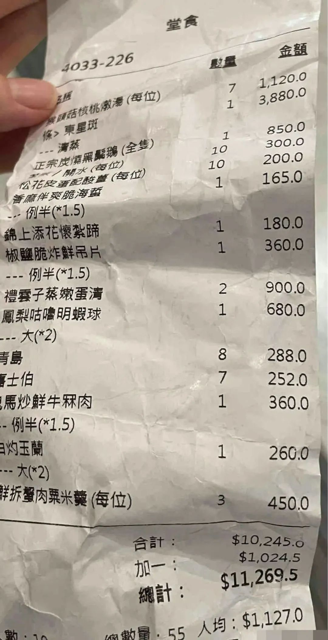 有港男一行10人到中環某酒家用膳，埋單盛惠11,269.5元，令他大呻昂貴，明言「唔會再去」。（小紅書圖片）