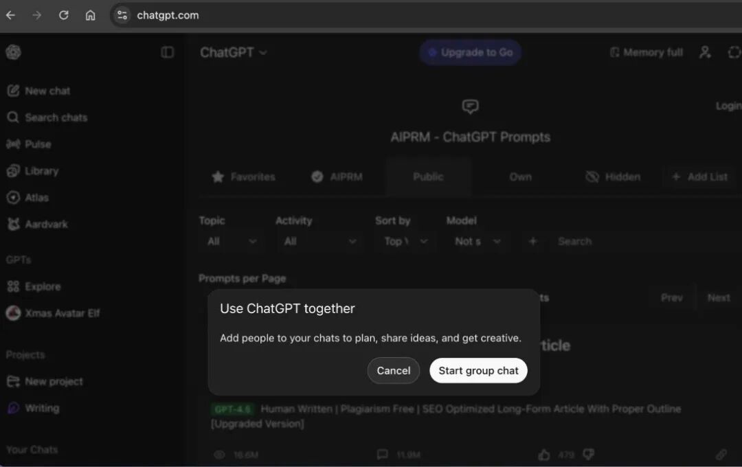 ChatGPT 内测“群聊”功能,OpenAI 计划推出“共享项目”模式