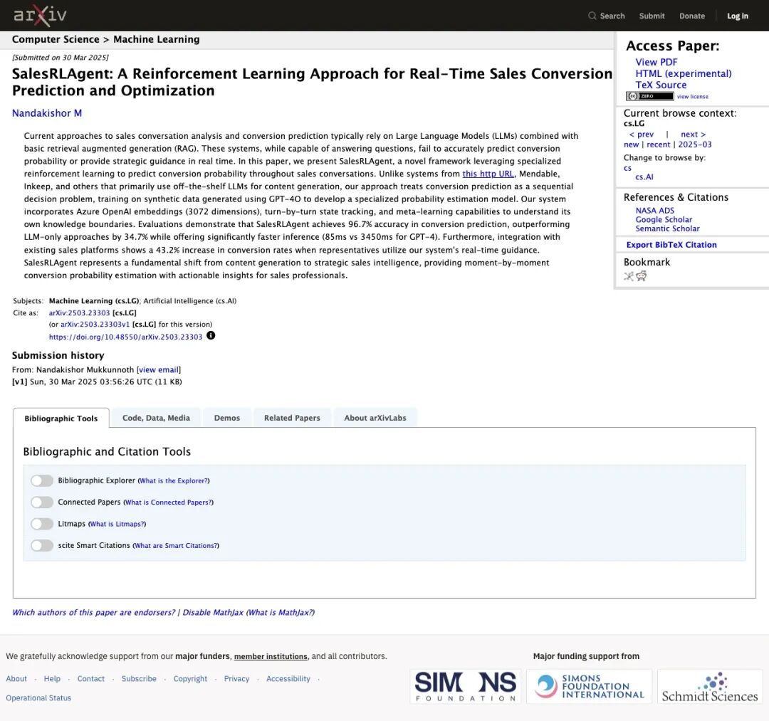 arXiv 上的 SalesRLAgent 论文