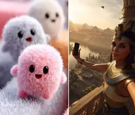 Cute fluffy creatures and an Egyptian princess taking a historical selfie