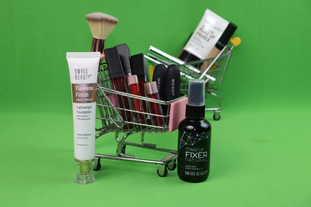 A shopping cart filled with lots of beauty products