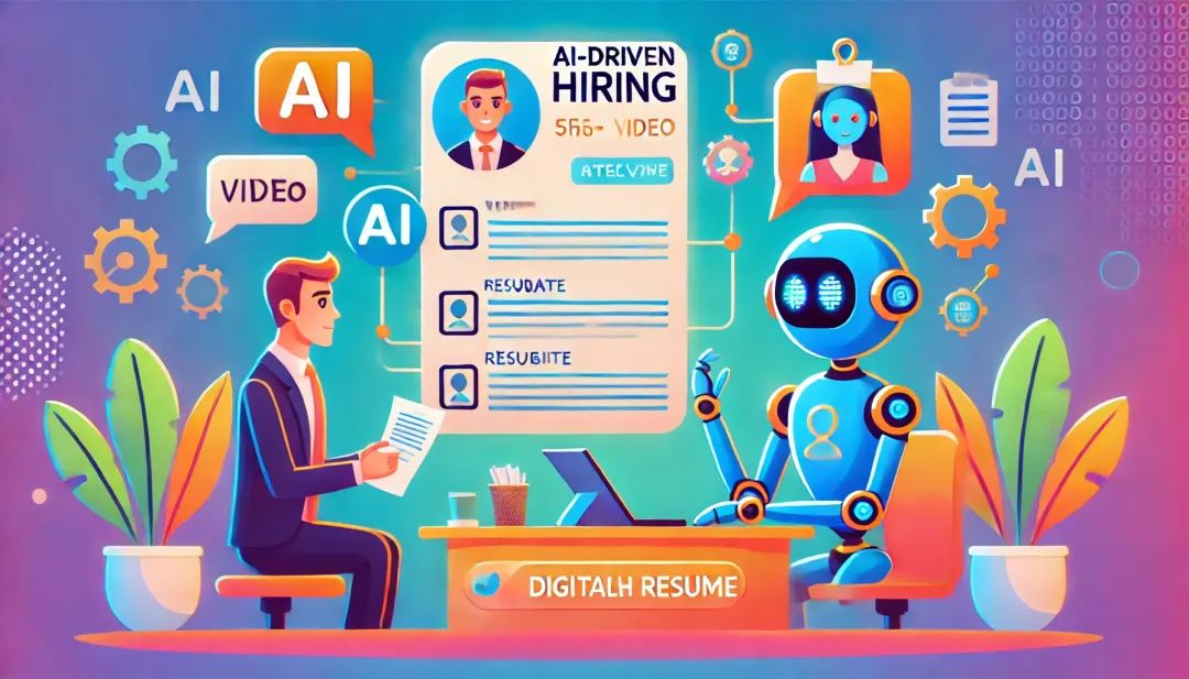 A cartoon-style thumbnail for a short video about AI-driven hiring. The image features an animated AI robot conducting an interview with a candidate, with floating speech bubbles and digital resumes. The background has a vibrant, engaging color scheme suitable for social media sharing.