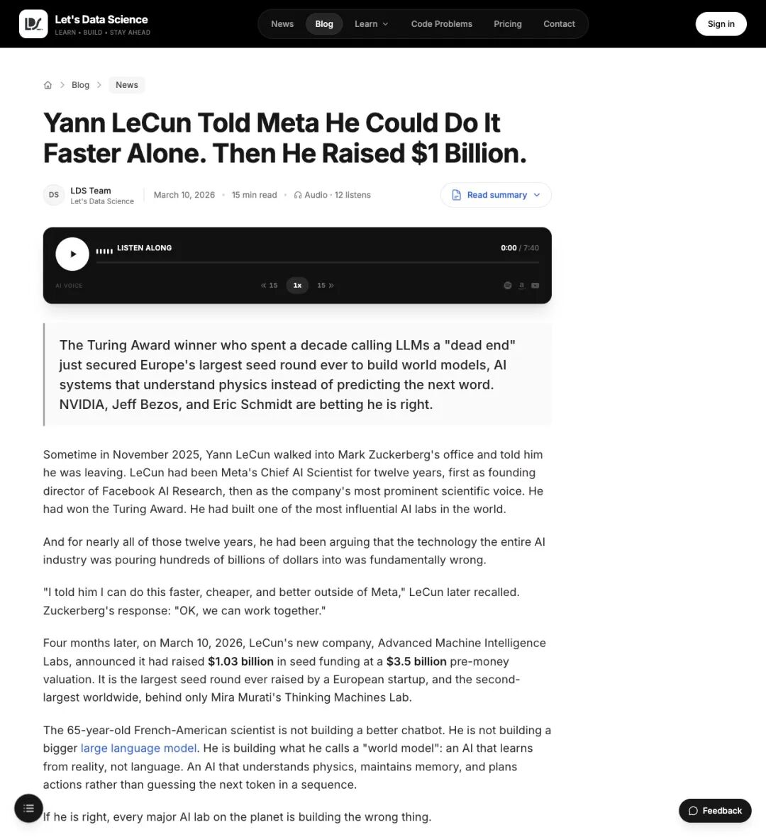 Let's Data Science关于LeCun离职创业与10亿美元融资的深度报道