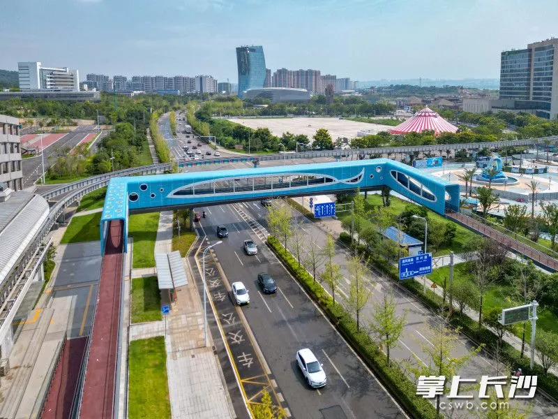 人行景觀橋全長(zhǎng)米橫跨潭州大道連接了大王山社會(huì)停車(chē)場(chǎng)和湘江歡樂(lè)海洋均為長(zhǎng)沙晚報(bào)全媒體記者易億攝圖片