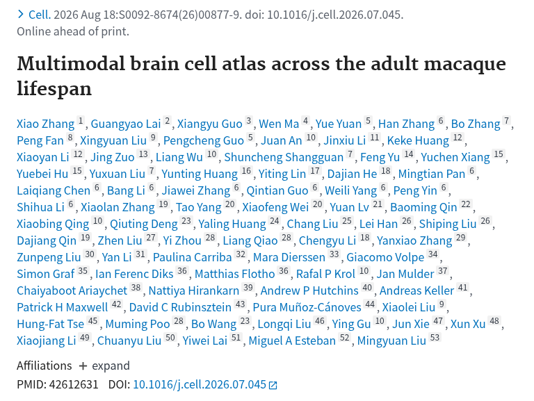 PubMed：Multimodal brain cell atlas across the adult macaque lifespan.（PMID 42612631）