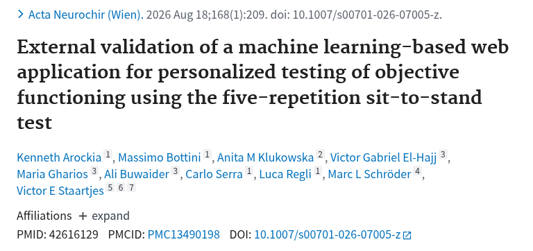 PubMed：External validation of a machine learning-based web application for personalized testing of objective functioning using the five-repetition sit-to-stand test.（PMID 42616129）