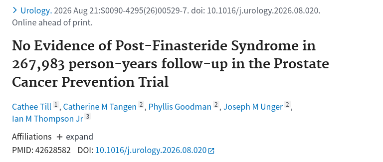 PubMed：No Evidence of Post-Finasteride Syndrome in 267,983 person-years follow-up in the Prostate Cancer Prevention Trial.（PMID 42628582）