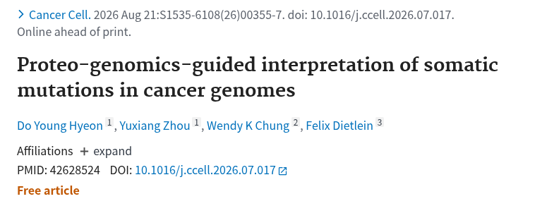 PubMed：Proteo-genomics-guided interpretation of somatic mutations in cancer genomes.（PMID 42628524）