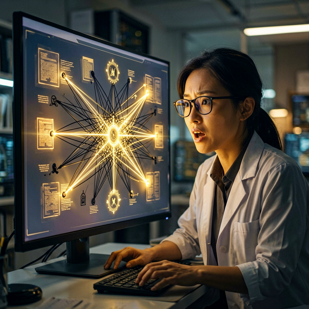 知识挖掘概念图：研究人员面对发光的关联图谱，发现隐藏连接