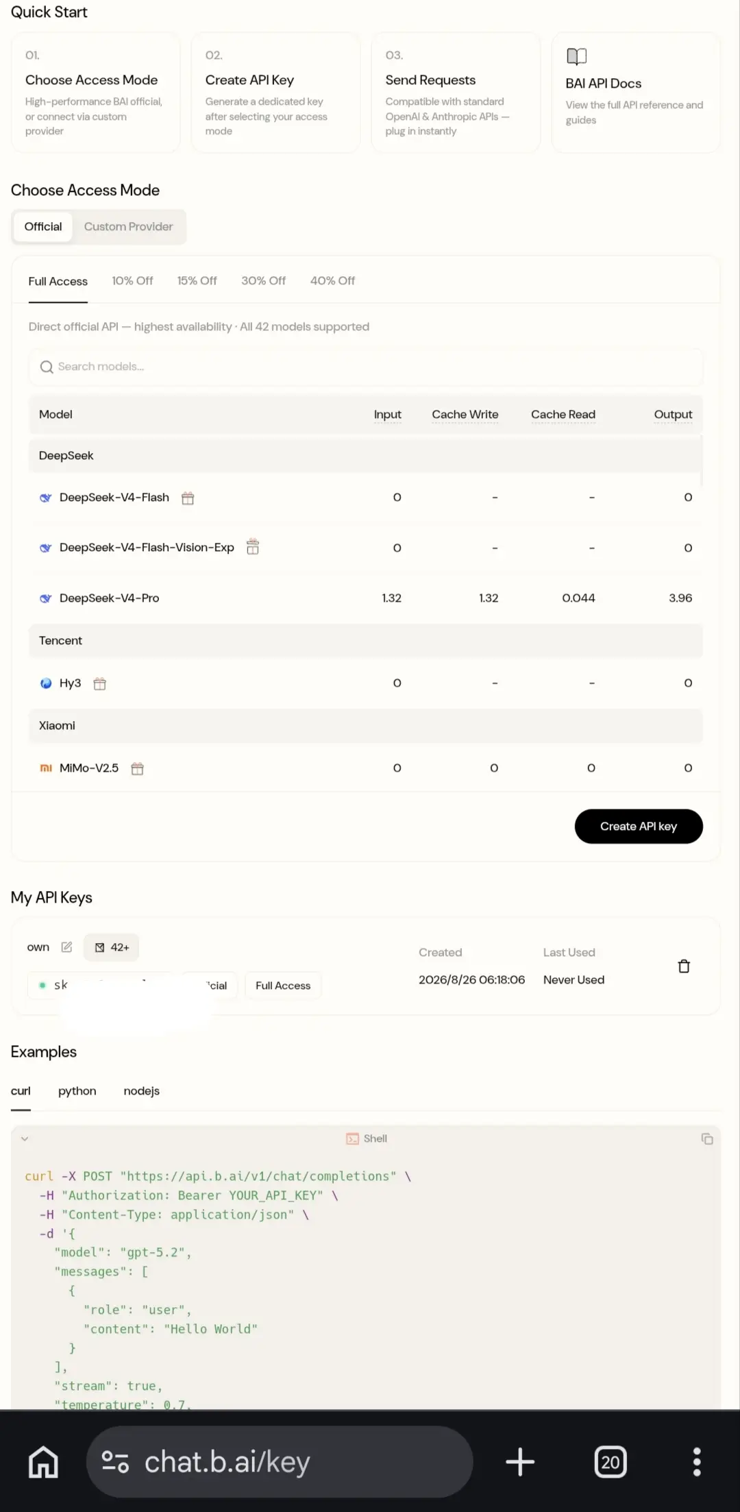 b.ai 控制台：DeepSeek、腾讯、小米多模型标价 0