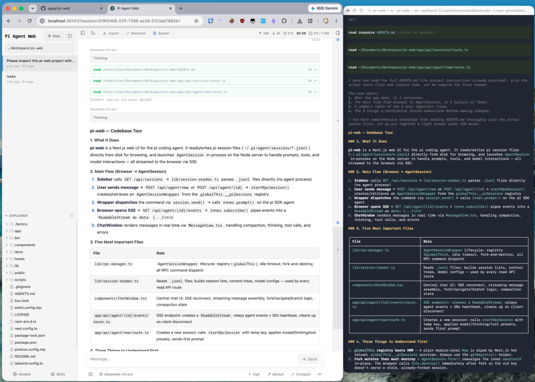 Pi Web shows the same pi session with structured Markdown, tool calls, and project navigation beside the CLI