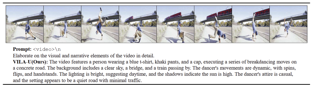 图8：VILA-U 可以正确字幕视频并涵盖所有细节