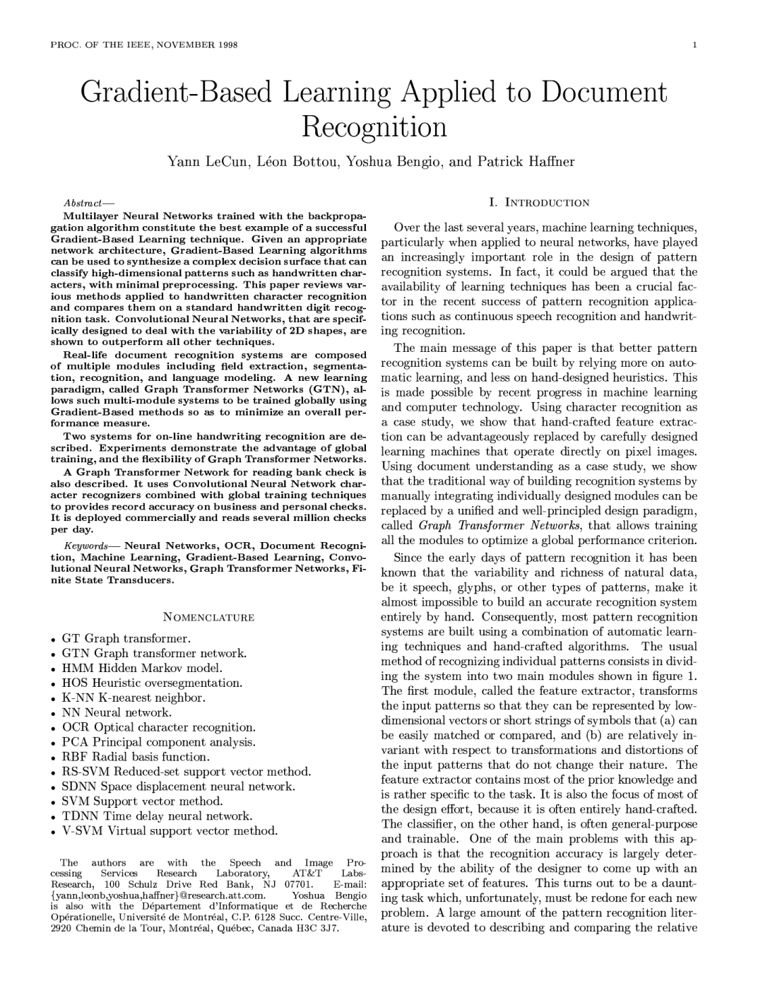 LeCun 1998 文档识别论文首页