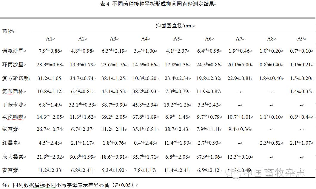 05)高於其他組的抗生素分別為a1菌種中,複方新諾明和環丙沙星;a2菌種