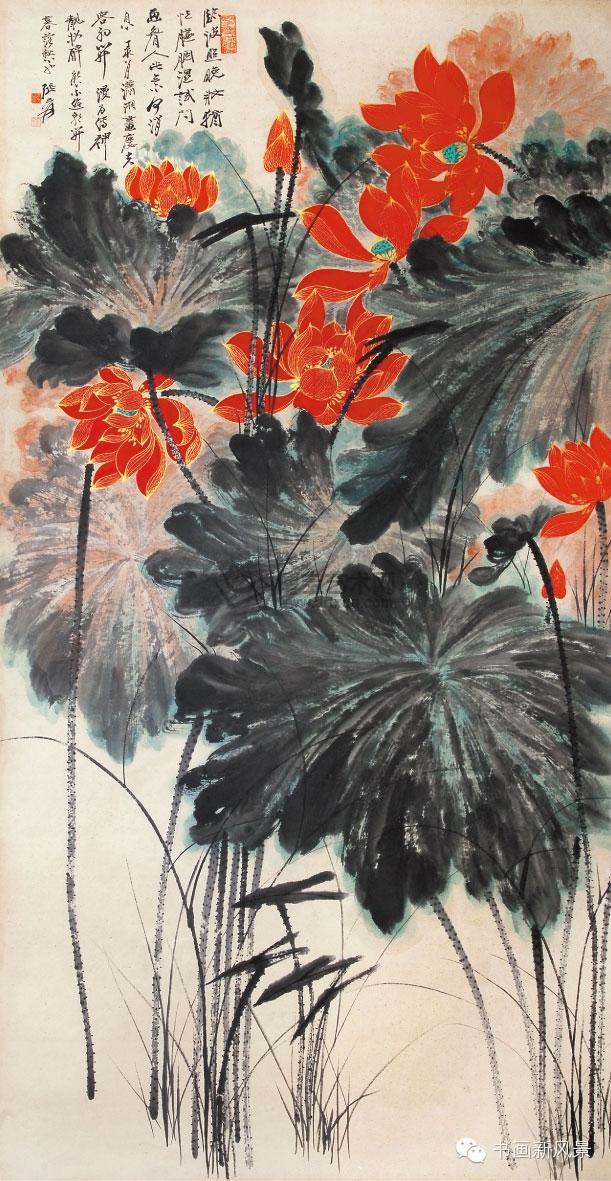 张大千笔下的红荷图