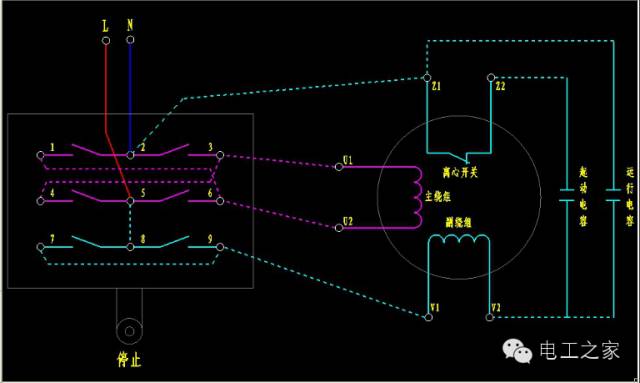 倒顺开关接单相电机正反转接线图的图2