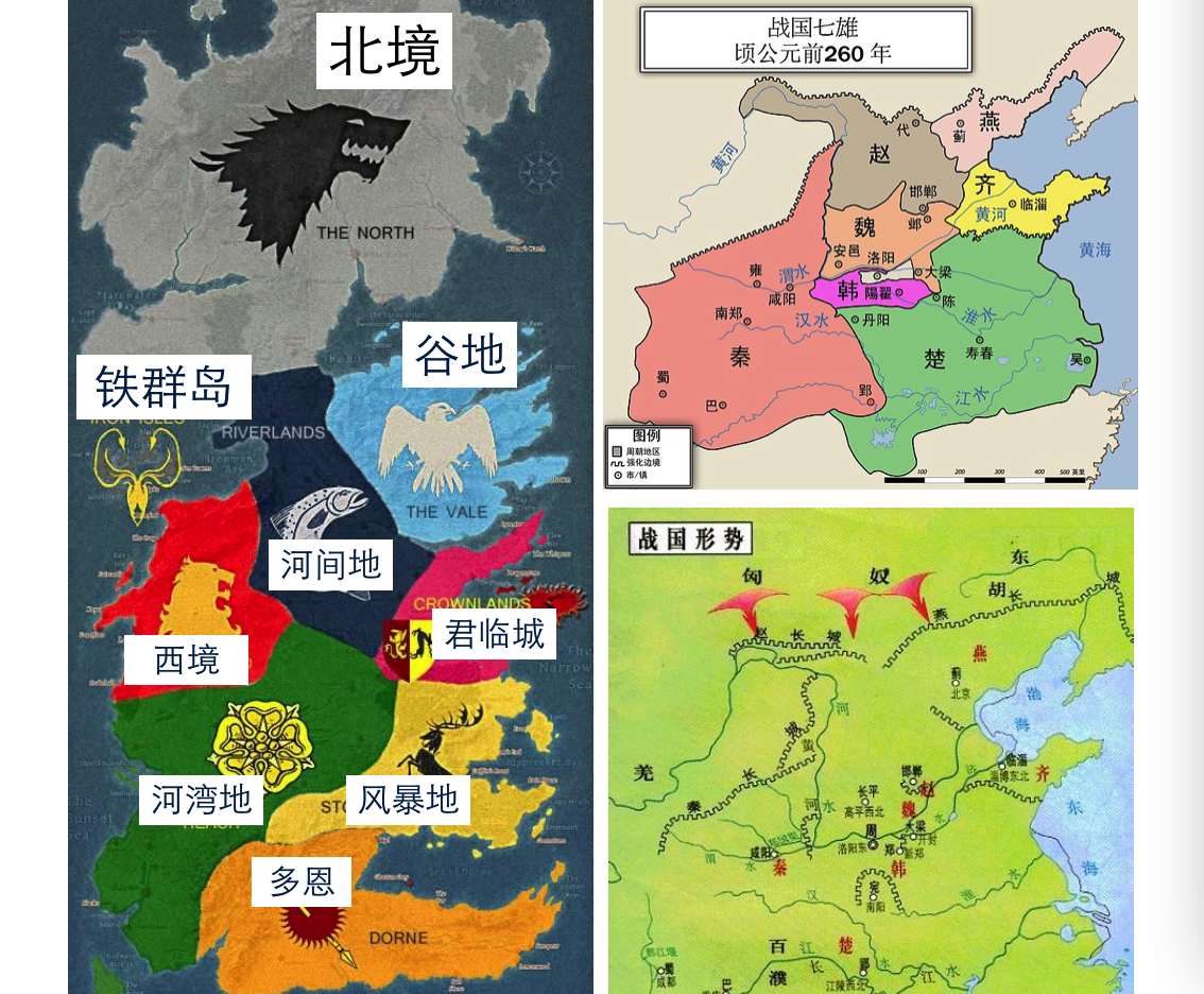 在《权力的游戏》中,最主要的领土范围划分包括"七国":北境王国,山谷