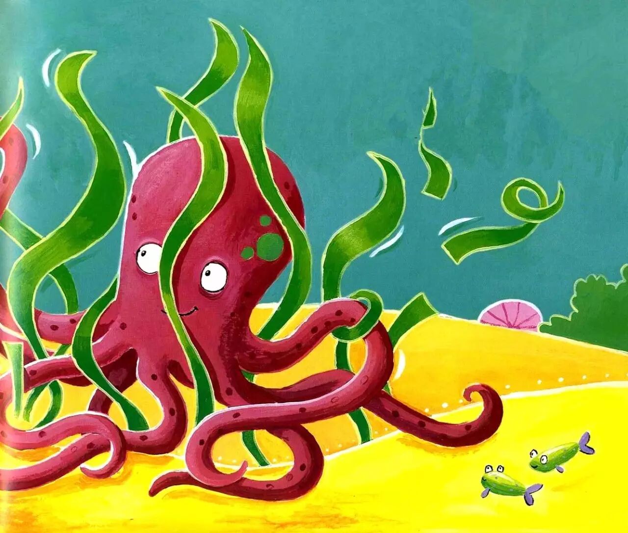 原来章鱼被海草紧紧地缠住了.