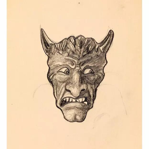 head of a horned figurelandscape with buildingsatan in redself