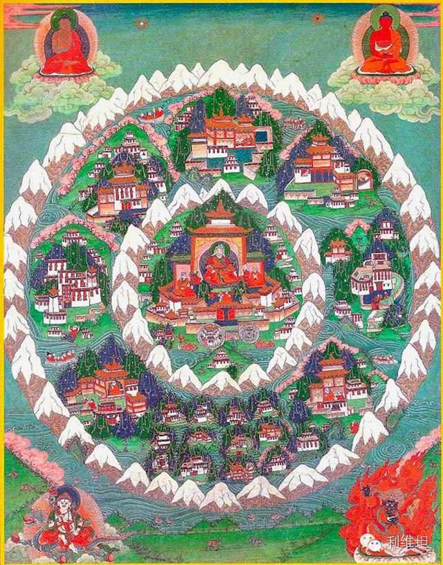 西藏唐卡里的香巴拉与须弥山圈层分明的须弥山头颅乱飞的须弥山生命之