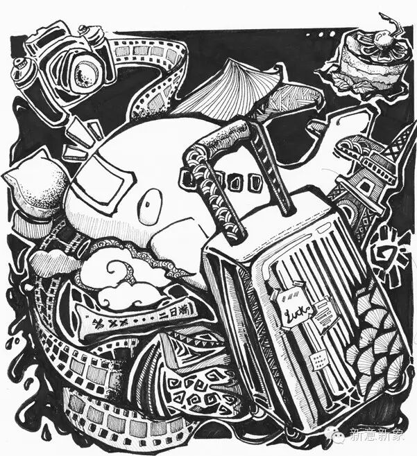 个仰视的视觉结果,将景观建筑围绕着画面,用早晨和夜晚做了黑白的区分