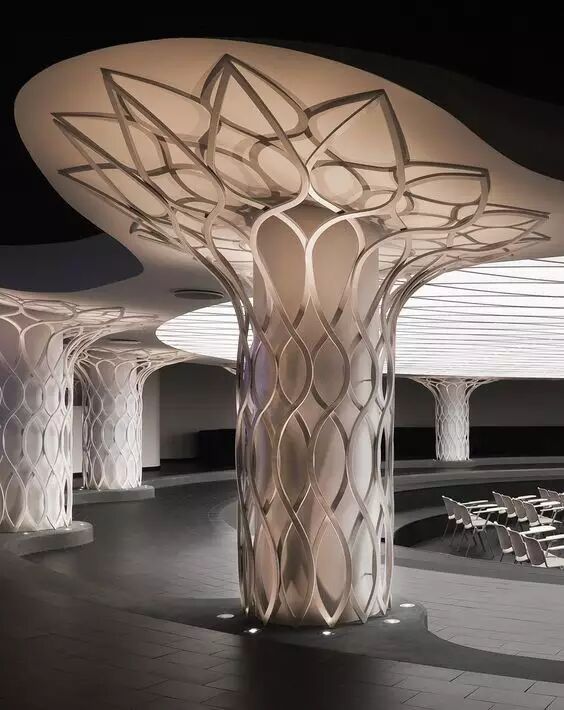 根据柱子的位置和大小,运用人的视觉感官功能设计手段,将有形的柱子消