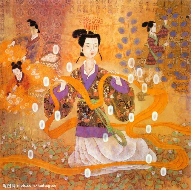 嫘祖教民养蚕缫丝,建立了光照千秋的功业,被称为"蚕母娘娘".