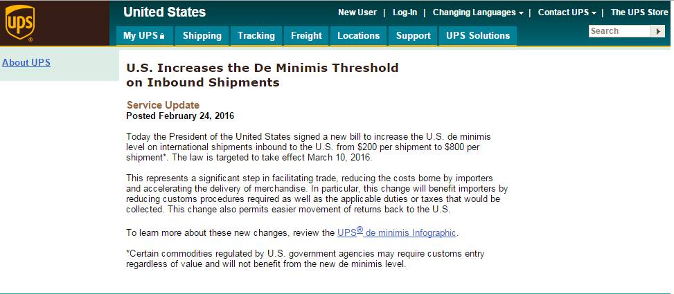 UPS官网截图：奥巴马提高关税起征点
