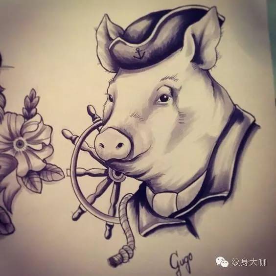 小猪纹身图案手稿图片