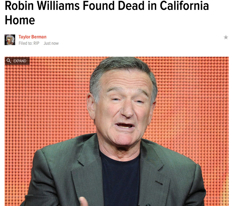 著名喜剧明星罗宾威廉姆斯在家中自杀身亡