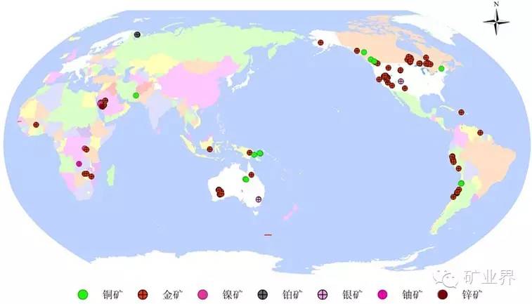 铜矿主要分布在加拿大,智利以及澳大利亚等地;金矿分布较广,主要在
