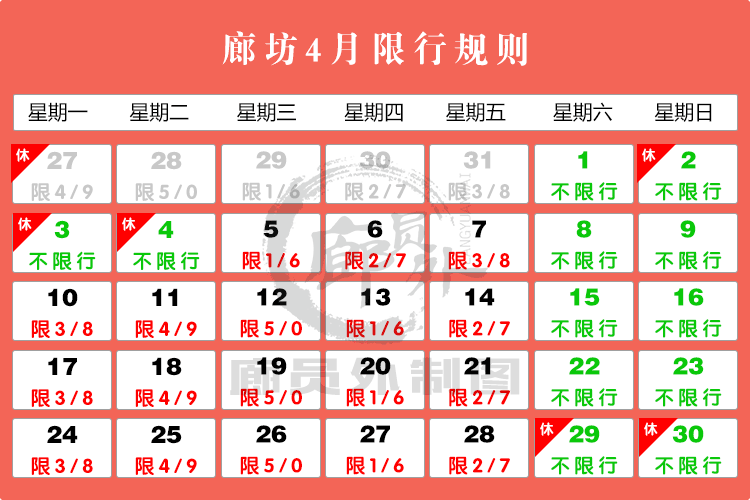 恢复限行!廊坊4月5日(星期三)机动车限行提醒!附本月限行日历!