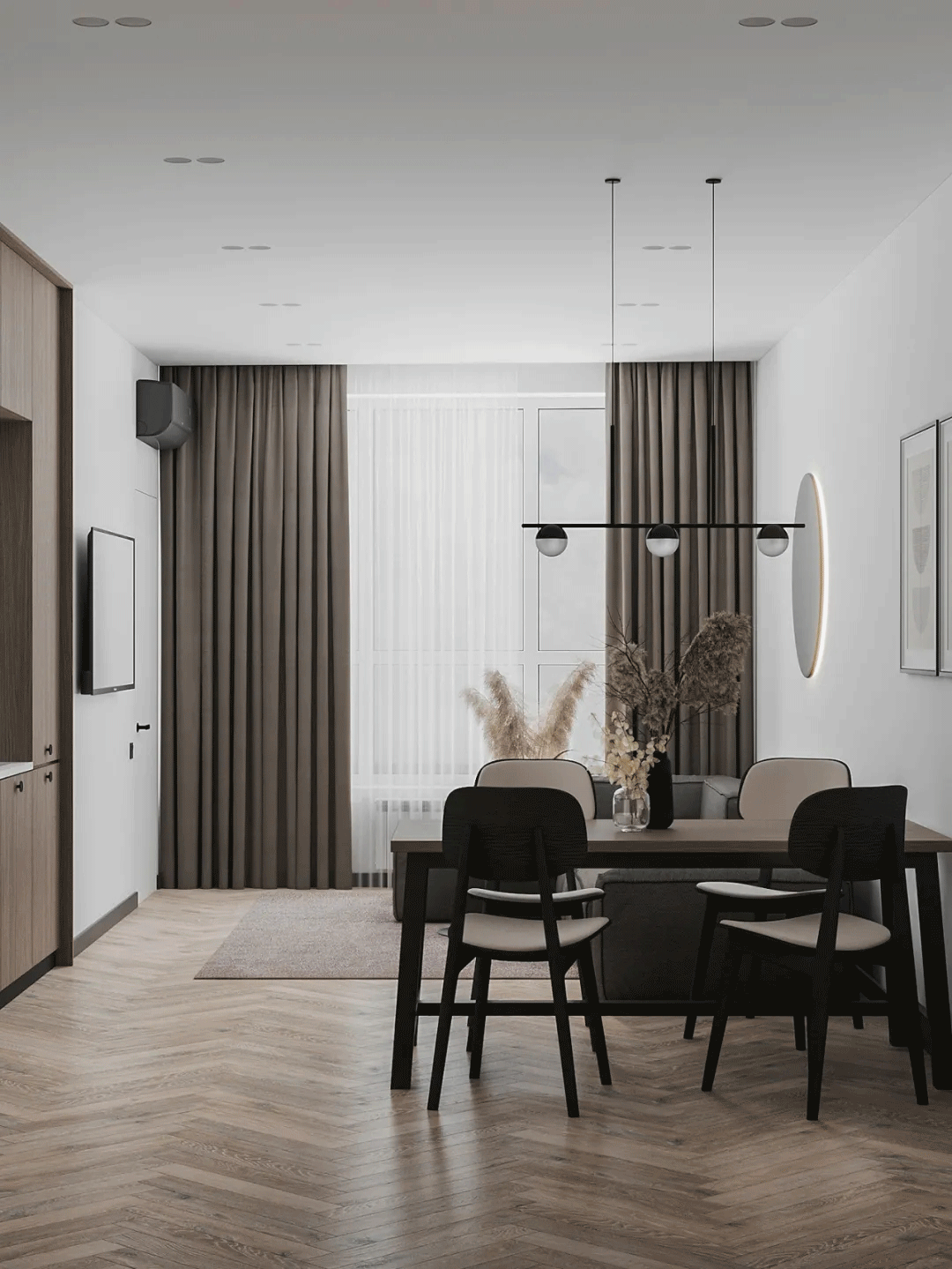 人字拼地板，原木与高级灰的搭配，营造出亲切又纯粹的家居氛围