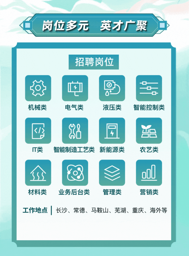 <p>量8</p>

<table>
<tr><td colspan="7"></td>
</tr>
<tr><td colspan="7">岗位多元 英才广聚</td>
</tr>
<tr><td colspan="7"></td>
</tr>
<tr><td colspan="7">招聘岗位</td>
</tr>
<tr><td rowspan="2">问</td>
<td rowspan="2" colspan="5">中 0-</td>
<td></td>
</tr>
<tr><td></td>
</tr>
<tr><td colspan="7">机械类 电气类 液压类 智能控制类</td>
</tr>
<tr><td></td>
<td></td>
<td>2</td>
<td></td>
<td>园</td>
<td colspan="2">3</td>
</tr>
<tr><td colspan="7">T类 智能制造工艺类新能源类 农艺类</td>
</tr>
<tr><td>介</td>
<td></td>
<td>e</td>
<td></td>
<td></td>
<td>I</td>
<td>o0</td>
</tr>
<tr><td colspan="7">材料类 业务后台类 管理类 营销类工作地点| 长沙、常德、马鞍山、芜湖、重庆、海外等</td>
</tr>
</table>

