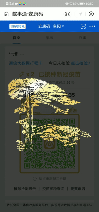 ▼"安康码"金色迎客松标识动态效果▼2,点击下方"我知道了",弹窗消失