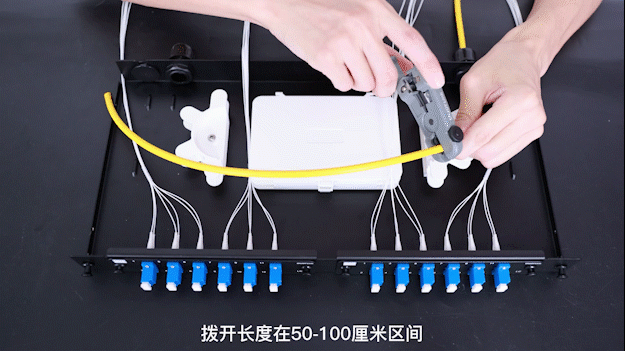 线缆拨开长度在50~100cm区间适宜,注意剥去的力度(1) 光纤外被层的剥