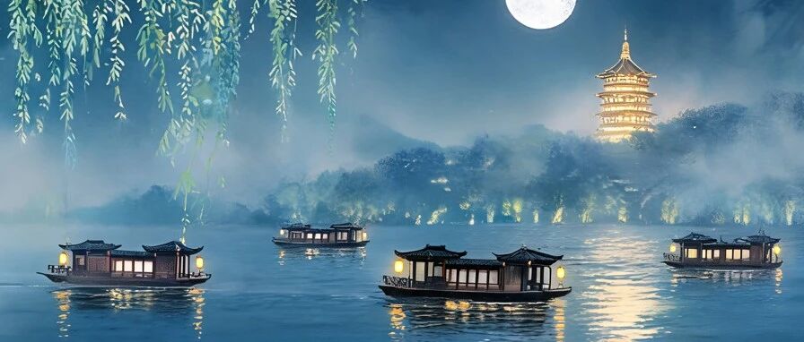 杭州夏夜西湖湖滨灯光