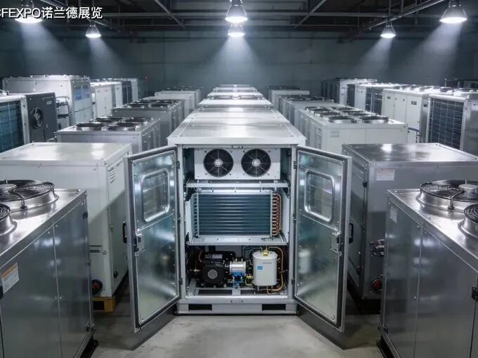 热带水果装箱场景,冷链运输车厢,温控设备特写