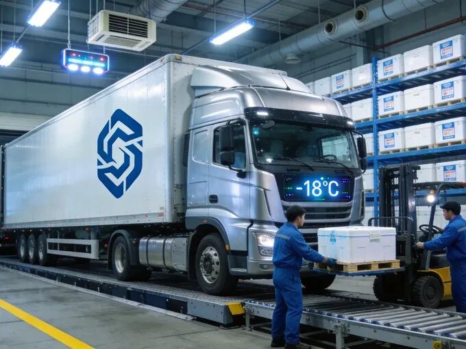 冷链物流运输车辆在现代化仓库场景，展现冷链行业现代化形象