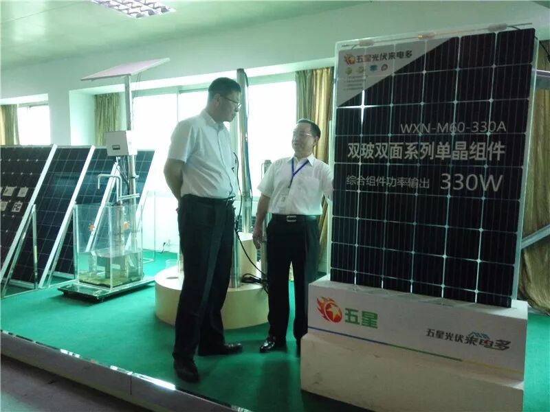 胡董向市委常委、常務副市長白濤介紹雙面發(fā)電光伏組件