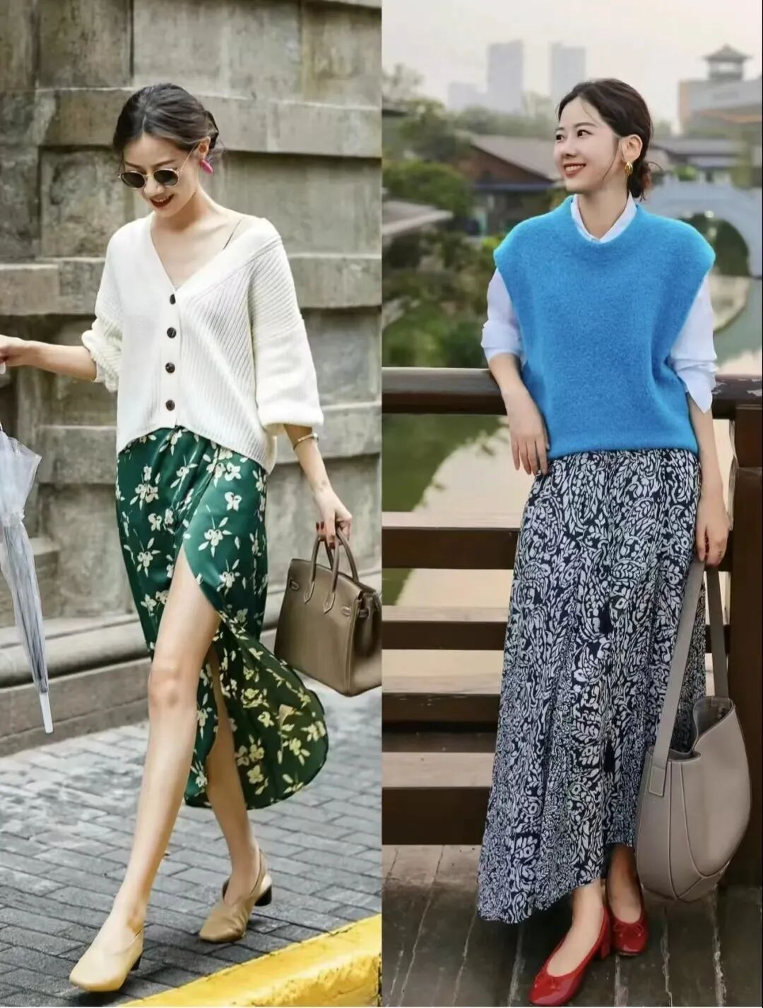 或者用半身碎花裙搭配针织上衣和t恤,穿一双单鞋,给人一种清新脱俗的