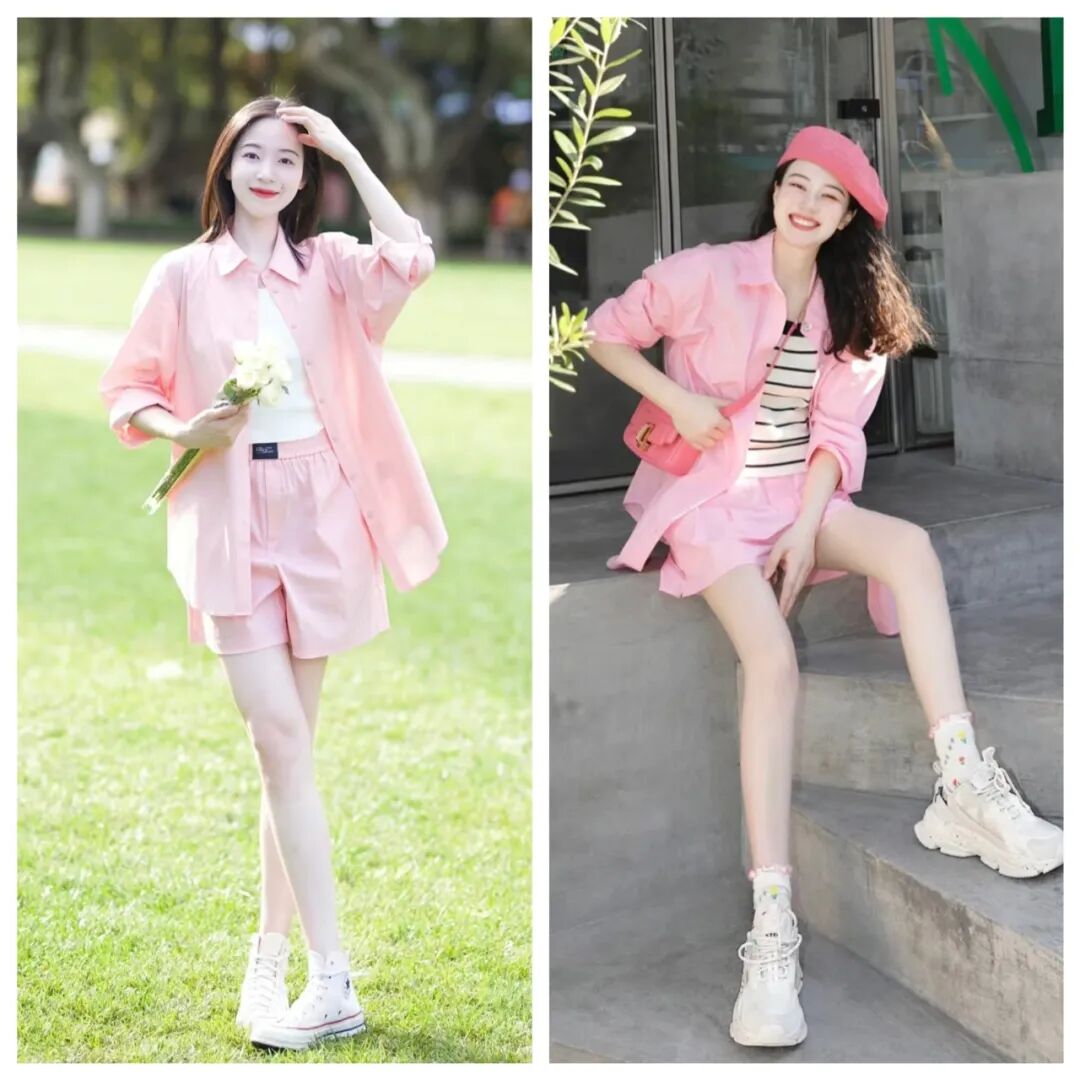 暖色调肤色的宝子们可以穿一整套粉色系搭配,粉色衬衫,粉色短裤,用