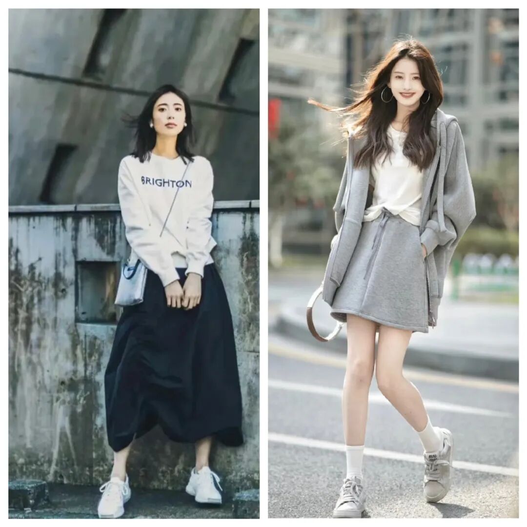 卫衣搭配也是春日里出游的好搭档,不管是套装还是搭配半身裙,运动鞋是