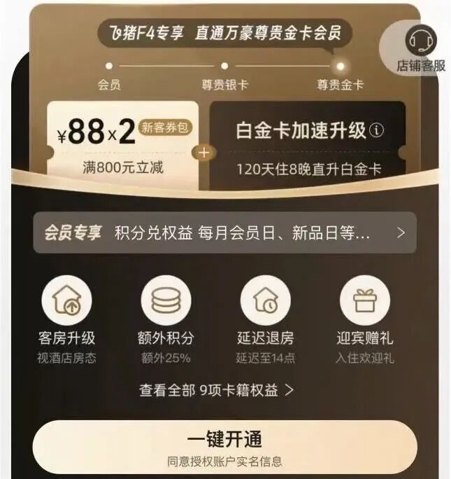 免费匹配飞猪F4会员 0成本开启万豪白挑希尔顿钻挑