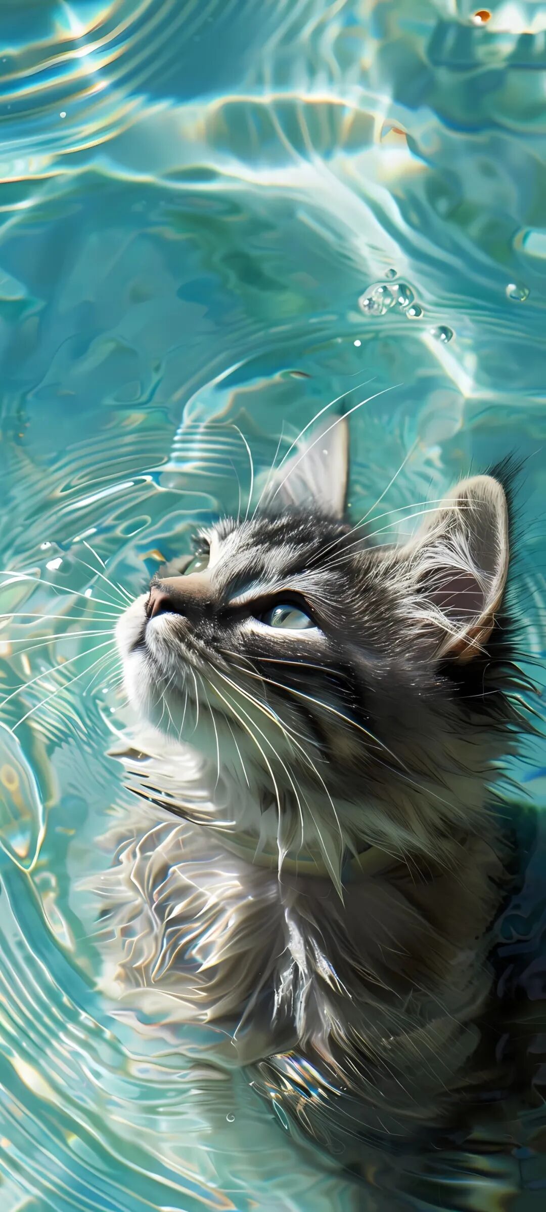 壁纸展示猫儿们的优雅姿态,与水元素交织出宁静而振奋人心的视觉效果