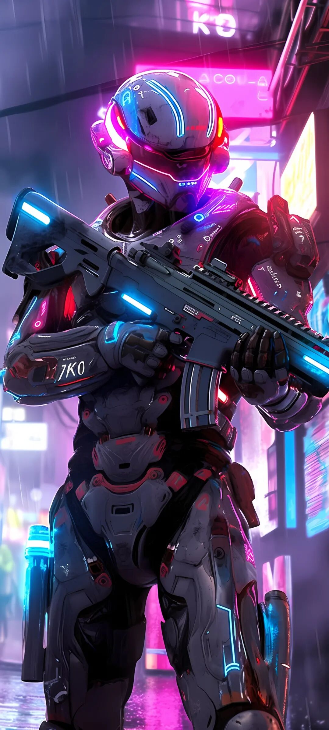 手机壁纸霓虹灯光在战斗装甲上流转高清大图