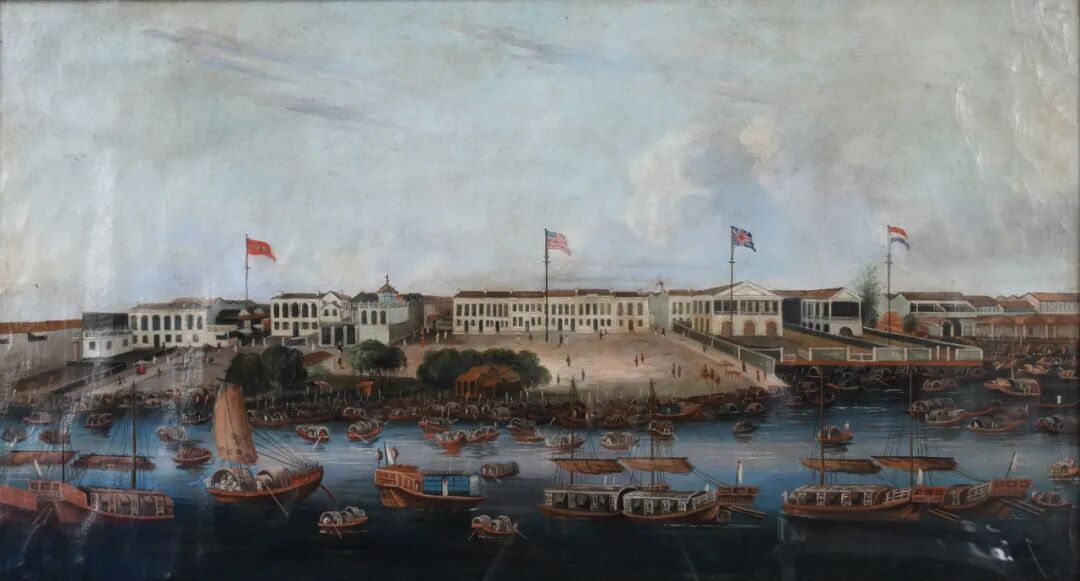 “十三行商馆图”油画，19世纪，广州海事博物馆藏。