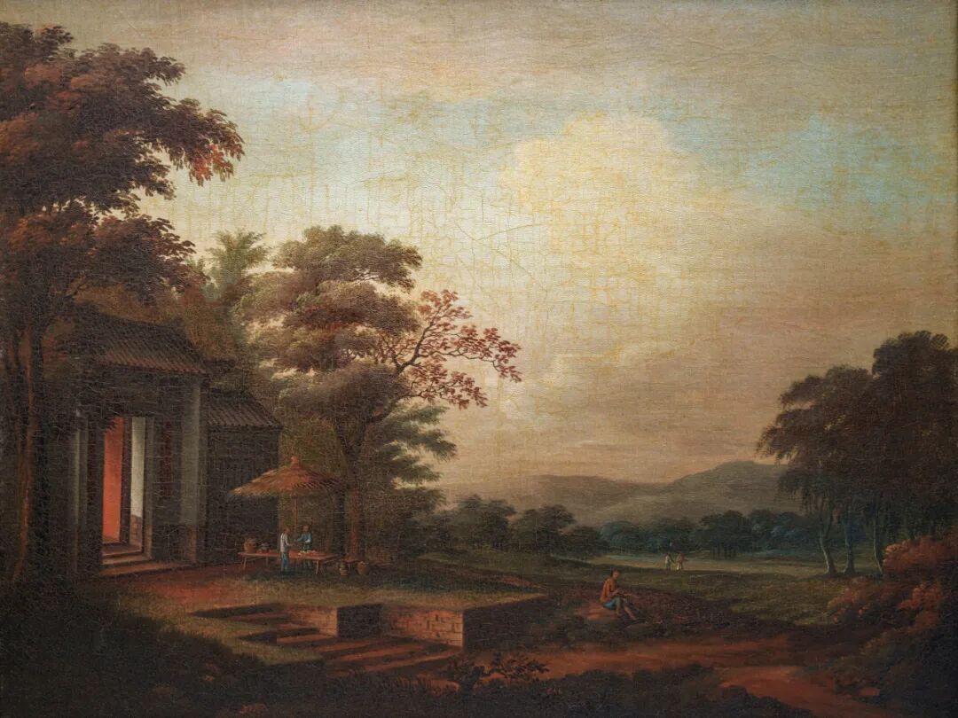 “岭南人家”油画，19世纪，广州海事博物馆藏。