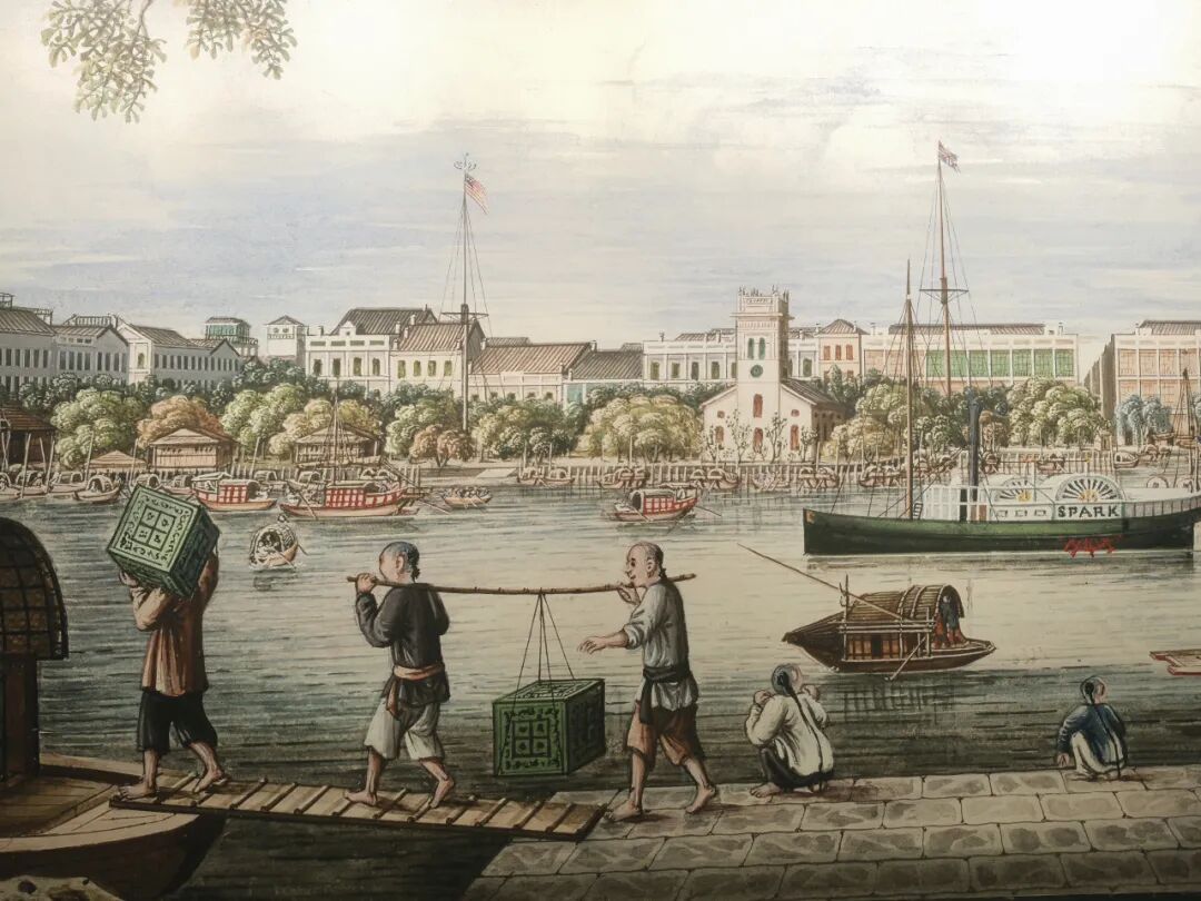 19世纪的外销画中，在码头搬运茶叶的工人。